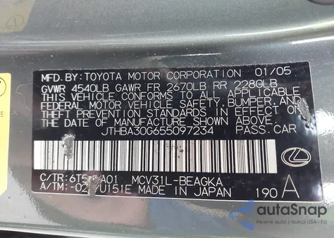 2005 Lexus Es 330 from USA, damaged, VIN JTHBA30G655097234